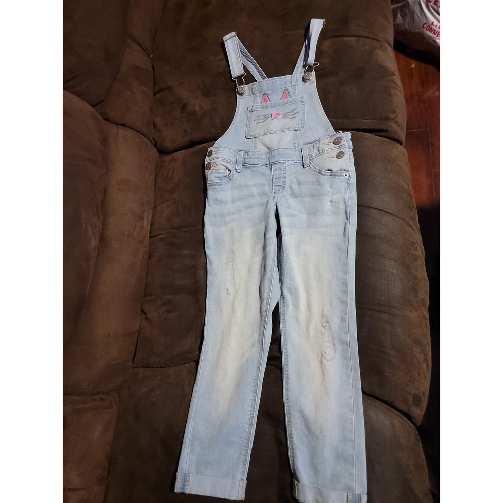 Justice cat distressed overalls denim‎ size 7 back to school